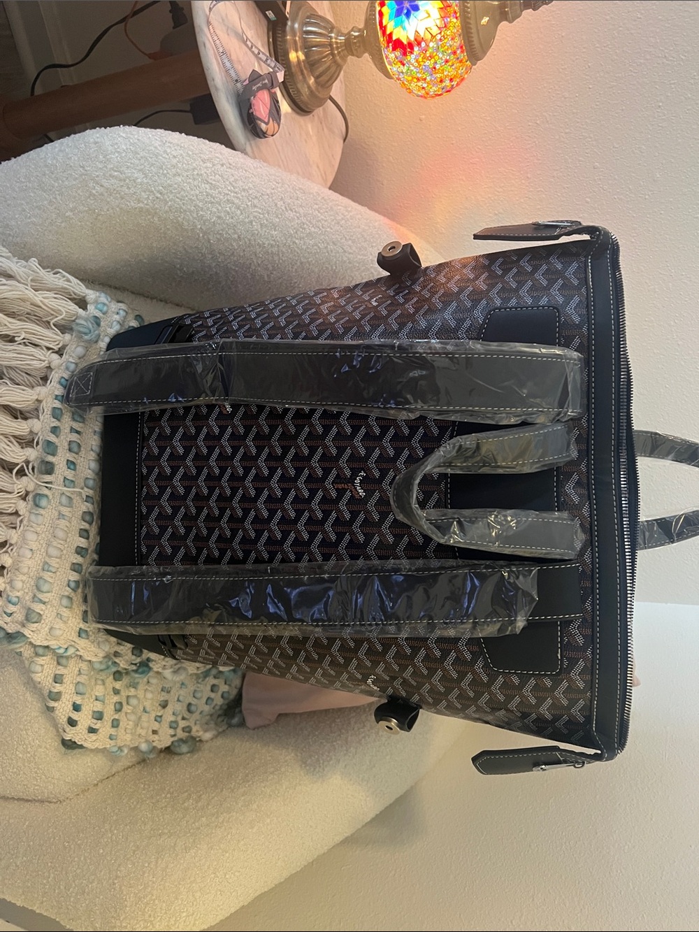 INSPIRED Brown chevron Patterned Backpack w/ dark Navy trim & Yellow lining. - Picture 4 of 8